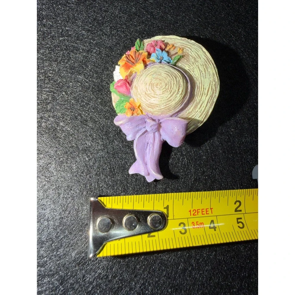 Floral Sun Hat Lapel Pin Brooch Small Beige Purple Bow Cottagecore Accessory